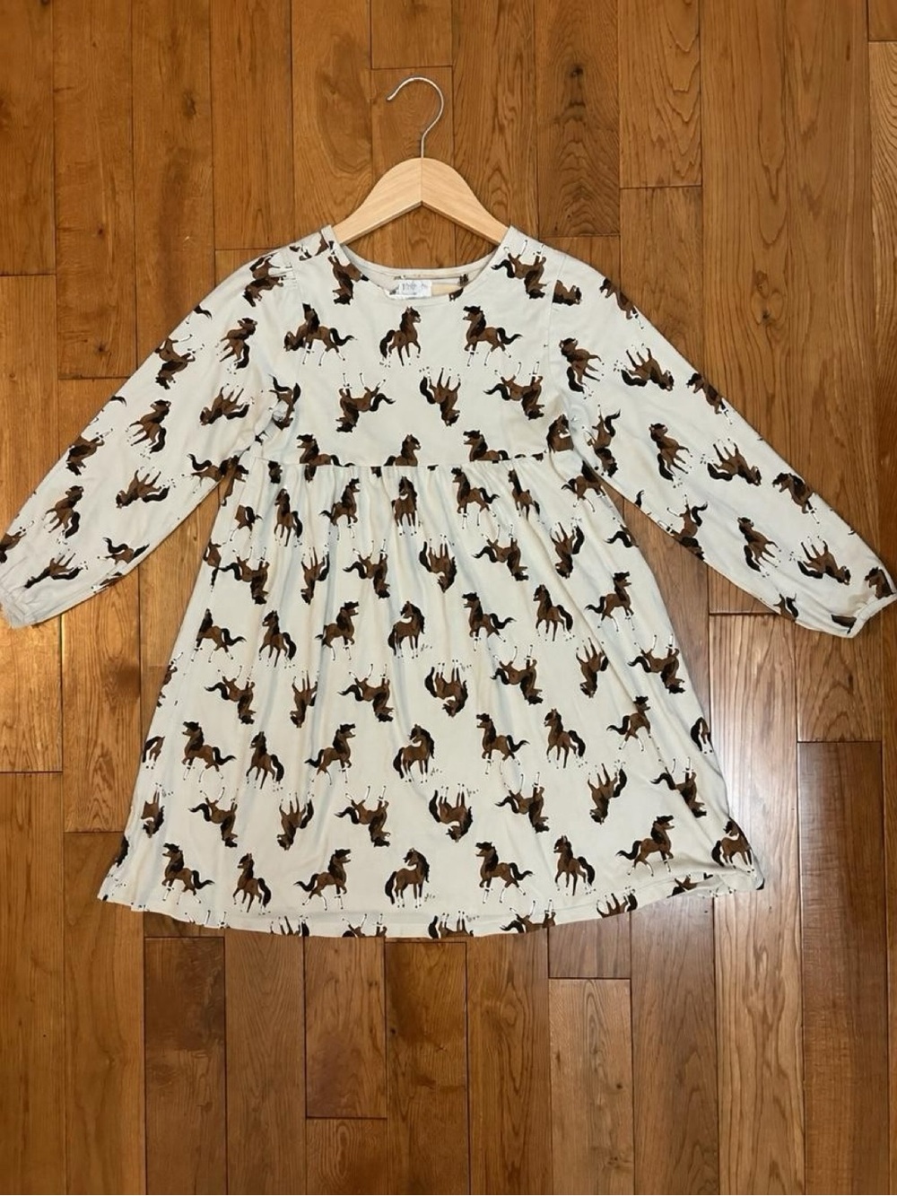 H&M Girls Size 10 Horse Print Dress Long Sleeve Cream Brown Equestrian